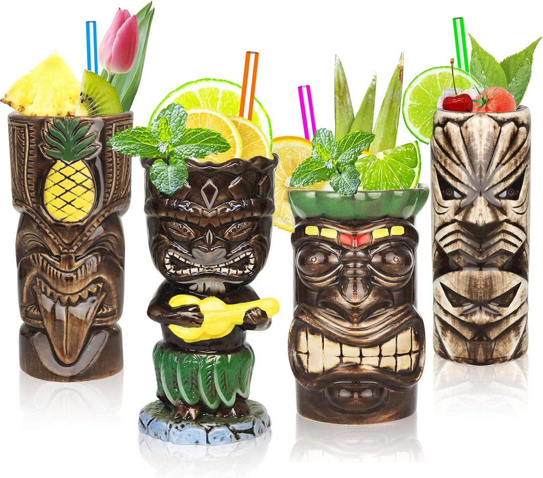 Tiki-Tassen-Set, Hawaii-Party-Becher aus Keramik, für Cocktails, hochwertiges Tassen-Set mit 4 Tasse