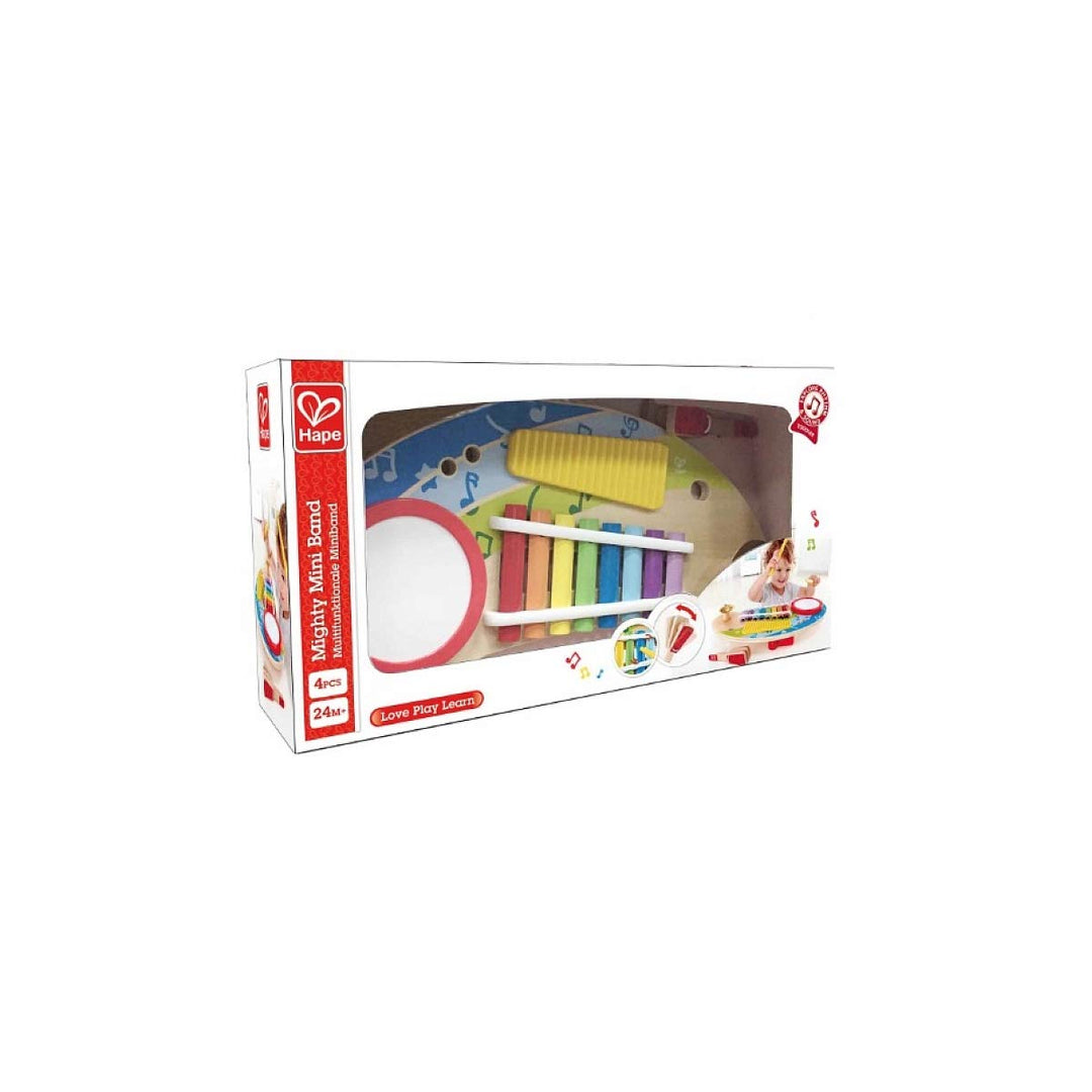 Hape Multifunktionale Miniband, Musikspielzeug für Kleinkinder mit Trommel, Xylophon, Becken, Scratc