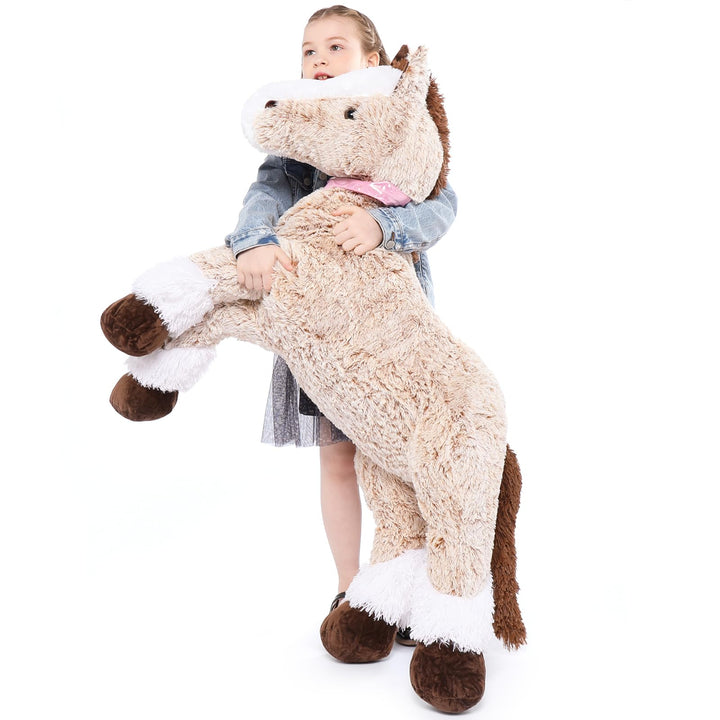 MorisMos 120cm lang riesen Pferd Kuscheltier XXL,Hellbraun gross Pony Pferd Plüschtier Stofftier,Geb