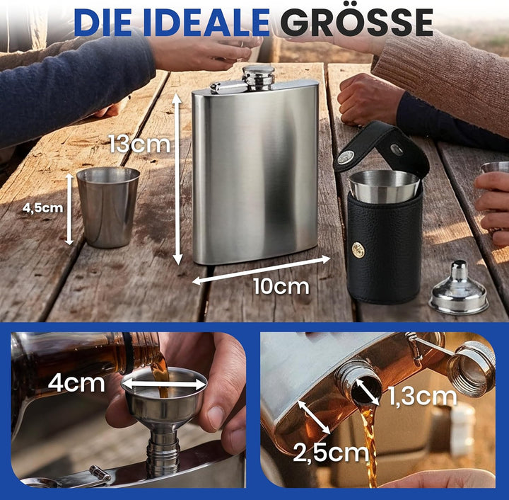 Oramics Flachmann Set 7-tlg. inkl. TRICHTER & BECHER – Edelstahl Taschenflasche gebürstet – Edles Mä