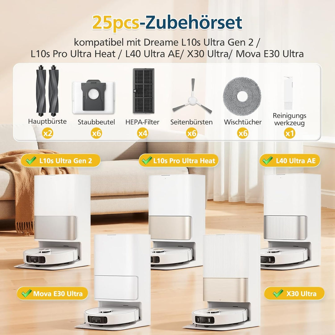 25 Stück Zubehör für Dreame L10s Ultra Gen 2 / L10s Pro Ultra Heat / L40 Ultra AE/ X30 Ultra/Mova E3