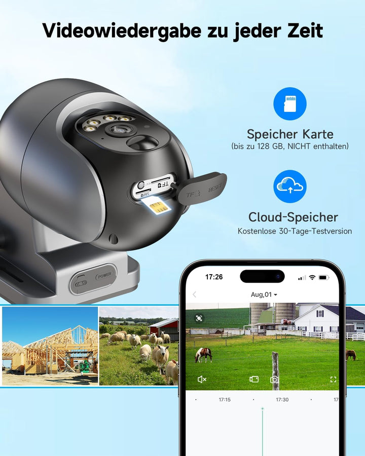 NUASI 4G LTE Überwachungskamera Aussen Solar mit SIM Karte, 2K HD PTZ Kabellos Kamera Ohne WLAN Outd