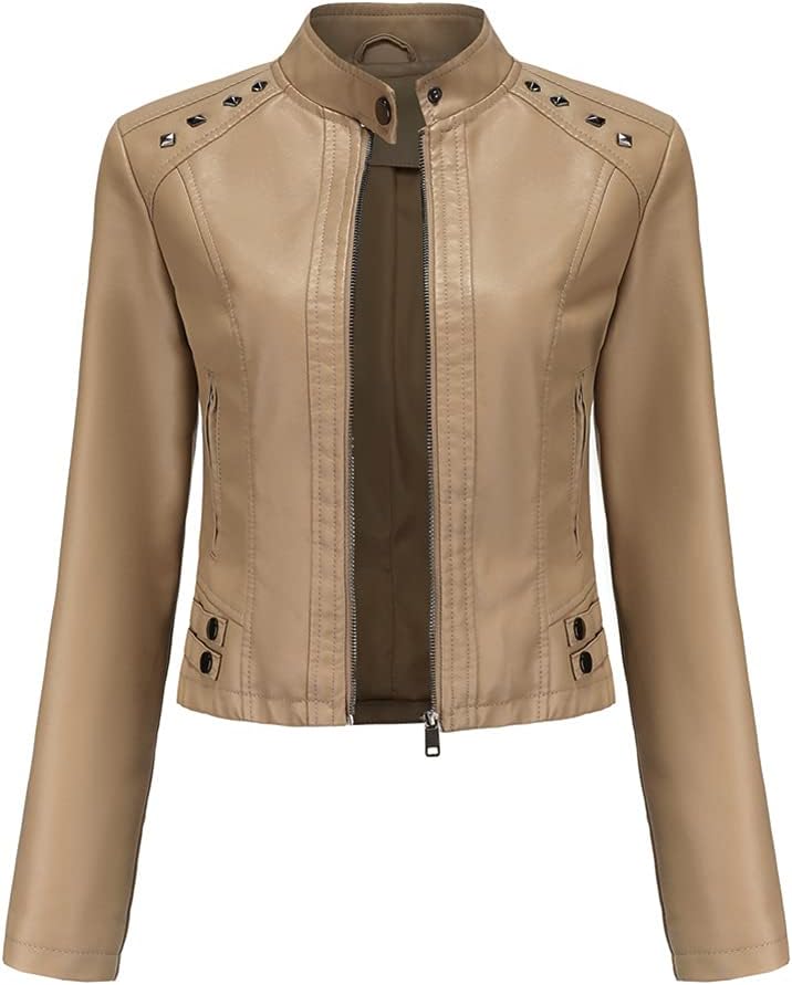 YYNUDA Damen Lederjacke Kurz Bikerjacke Stehkragen Reissverschluss Leder Jacke Übergangsjacke für He
