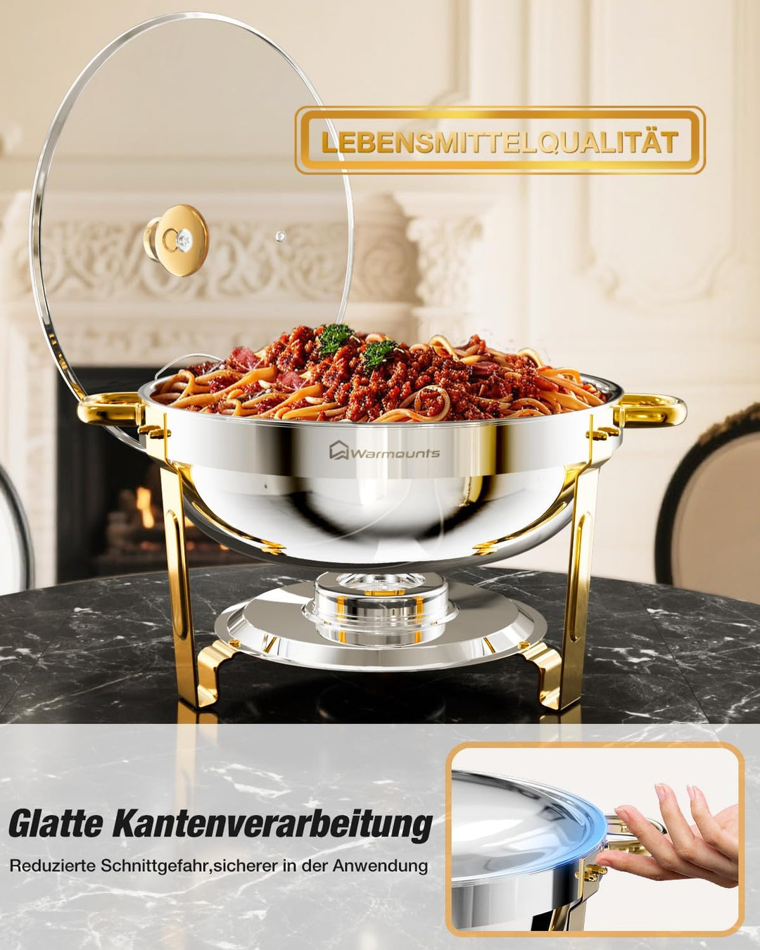 WARMOUNTS 4er Set Silber & Gold Chafing Dish Buffet 5L, Rund Speisenwärmer für Catering mit Glasdeck