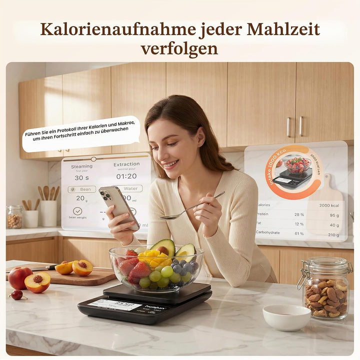 Küchenwaage Digital mit Nährwertberechnung, 5kg/0,1g Küchenwaage Bluetooth mit Kalorienzähler, App S