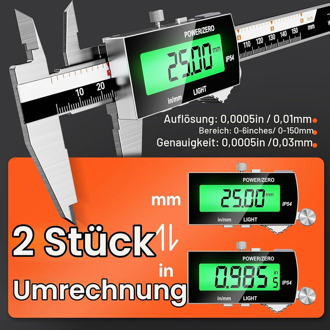 Digitaler Messschieber (wiederaufladbar), Preciva 150 mm Schieblehre Digital Edelstahl, elektronisch