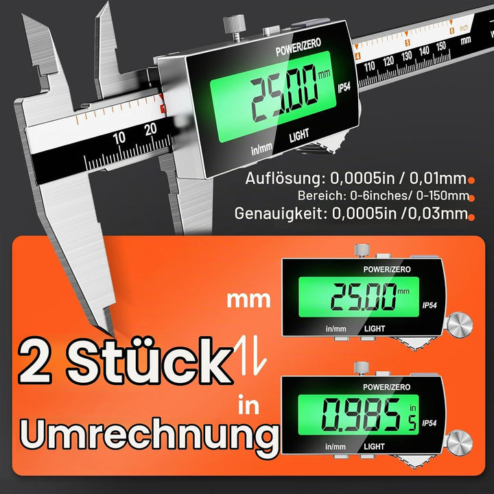 Digitaler Messschieber (wiederaufladbar), Preciva 150 mm Schieblehre Digital Edelstahl, elektronisch