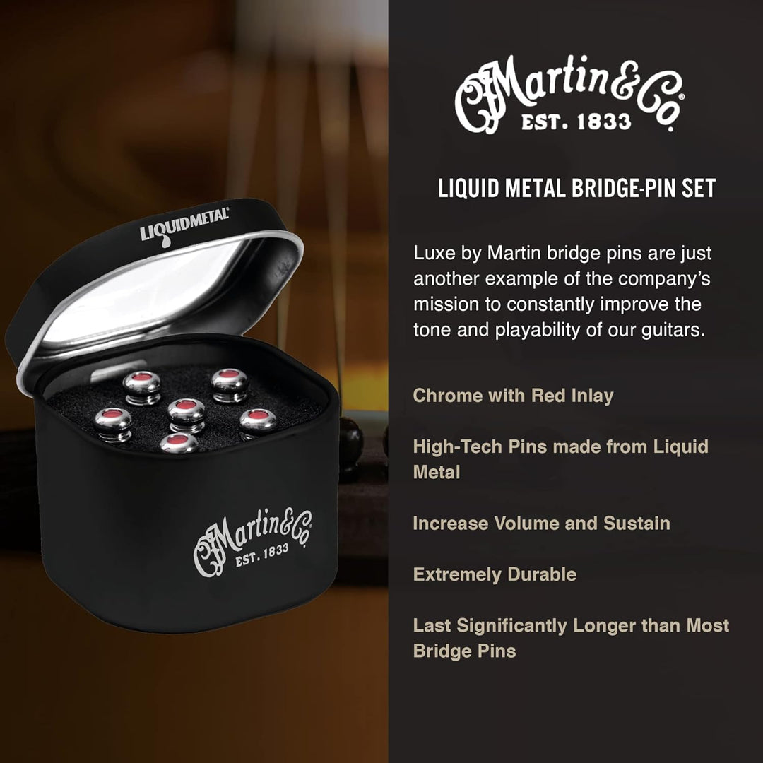 MARTIN LUXE by Martin Stegstifte für Akustikgitarre, Stegstiftsatz für Akustikgitarre, Chrom mit rot