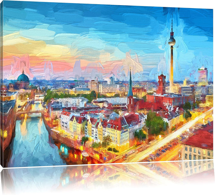 Pixxprint Berlin City Panorama Kunst Pinsel Effekt, Format: 100x70 auf Leinwand, 100x70