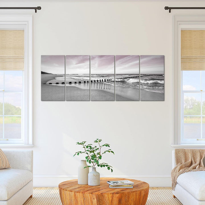 Runa Art Wandbild XXL Strand Meer Schlafzimmer Wohnzimmer 200 x 80 cm Grau Rosa 5 Teilig - Made in G
