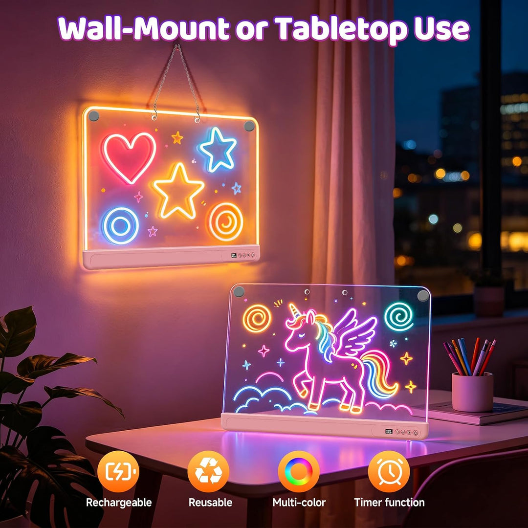 LED Zeichenbrett für Kinder, 30x40cm Wiederaufladbare LED Notiztafel mit Farben und 15 Lichtmodi, Ma