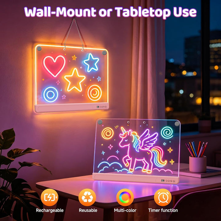 LED Zeichenbrett für Kinder, 30x40cm Wiederaufladbare LED Notiztafel mit Farben und 15 Lichtmodi, Ma