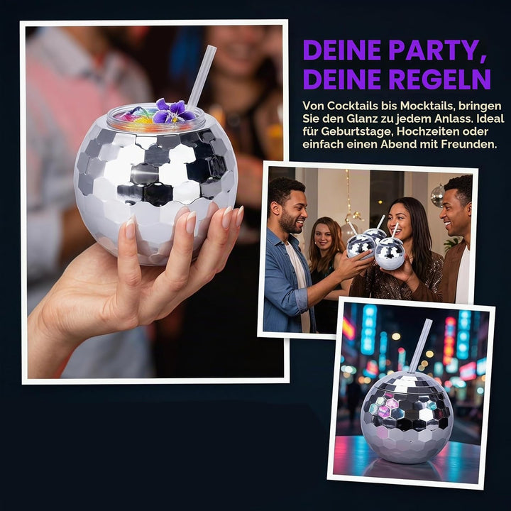 Nicunom 6 Stück 540 ml Discokugelbecher mit Deckel und Trinkhalmen Wiederverwendbar, silberfarben, D