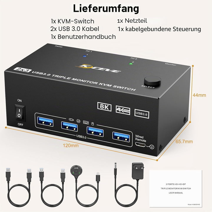 KVM Switch 2 PC 3 Monitore, KCEVE 2 HDMI + 1 DisplayPort KVM Umschalter, USB 3.0 8K@30Hz/4k@144Hz Dr