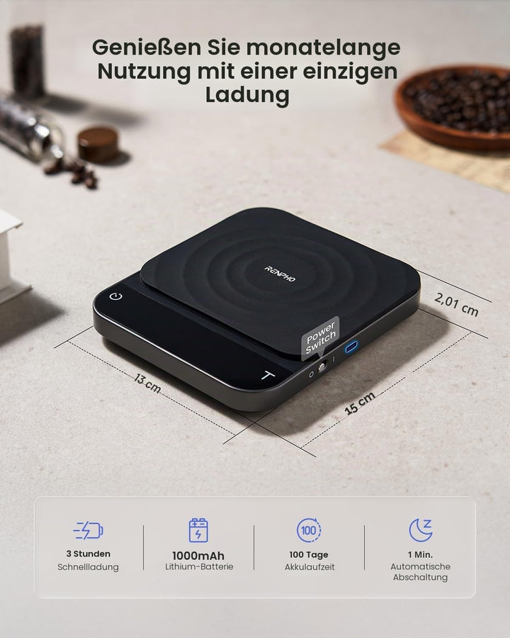 RENPHO Digitale Kaffeewaage mit Timer, Wiederaufladbare 0,1g/3kg Präzise Espressowaage mit Automatis