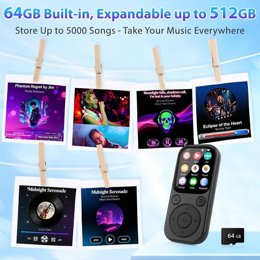 MP3 Player mit Bluetooth 5.3, Tragbarer Musikplayer mit 64GB Speicherkarte, FM Radio, Sprachaufnahme