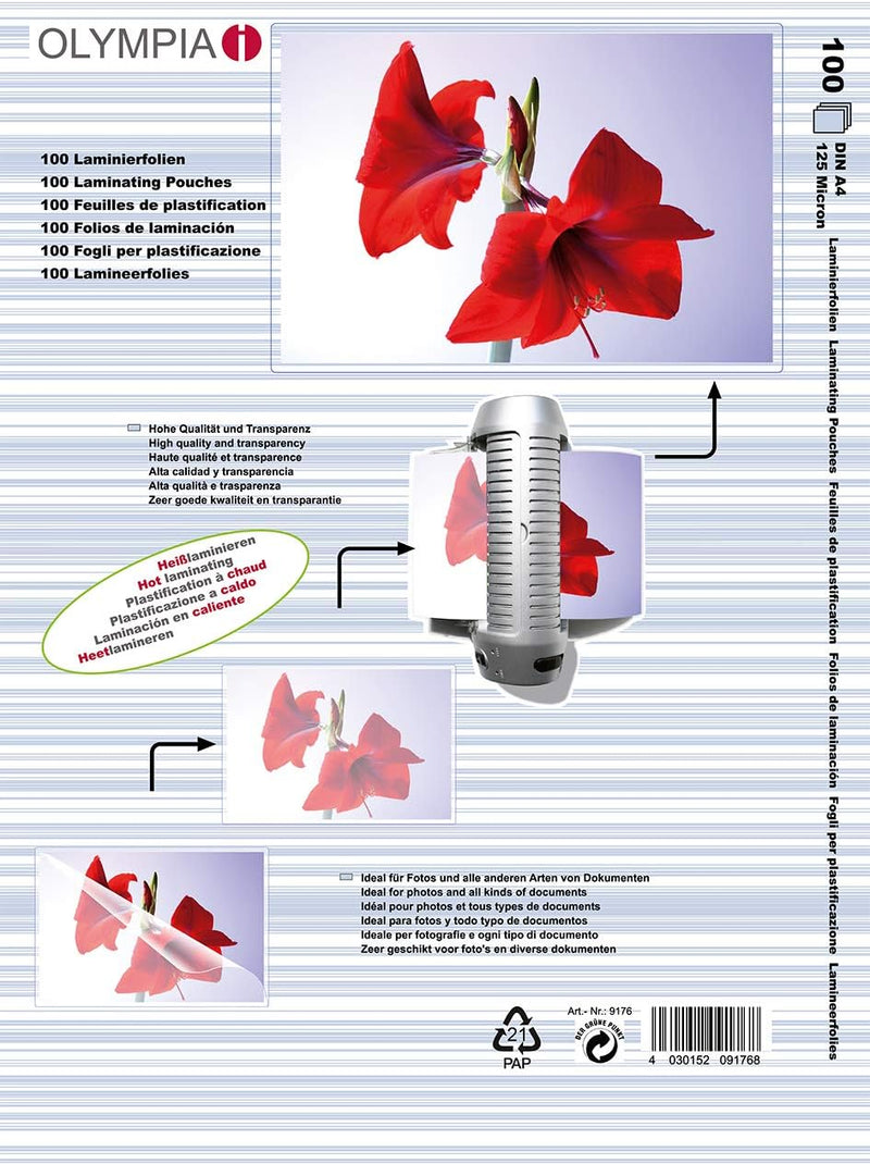 Olympia 4 in 1 Set A 230 Laminierset für A4, schwarz & Olympia 9176 Laminierfolien, 100 Stück Bundle