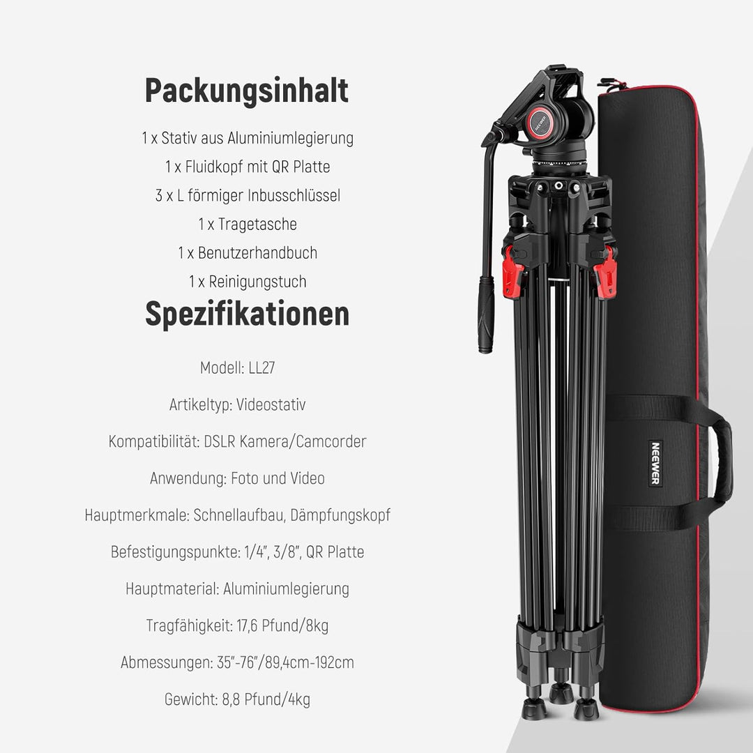 NEEWER 76" Kamera Videostativ mit Fluidkopf, One Step Schnellverschluss, Robustes Aluminium Tragesta