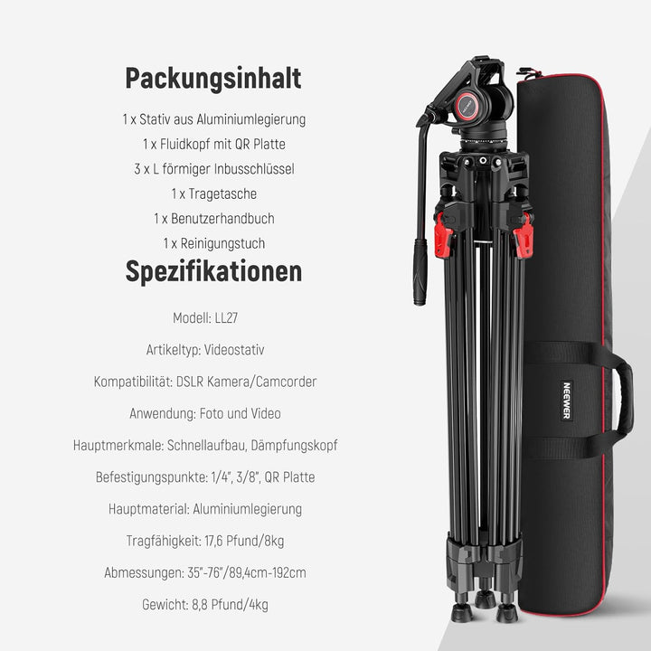 NEEWER 76" Kamera Videostativ mit Fluidkopf, One Step Schnellverschluss, Robustes Aluminium Tragesta