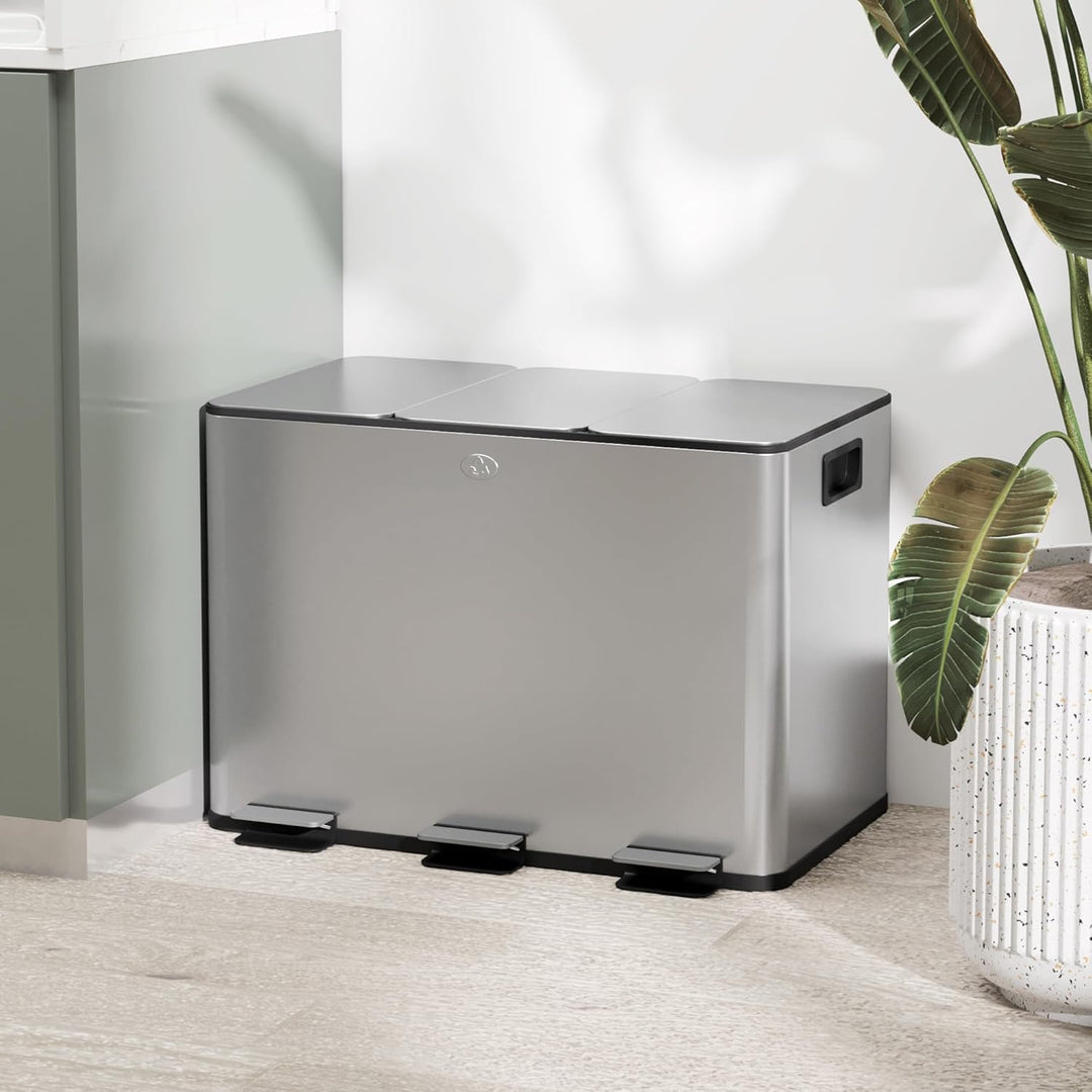 HOMCOM Küchenabfalleimer 3 x 10 l, Abfalltrennsystem aus Edelstahl, 3 Fächer, Pedal, herausnehmbare