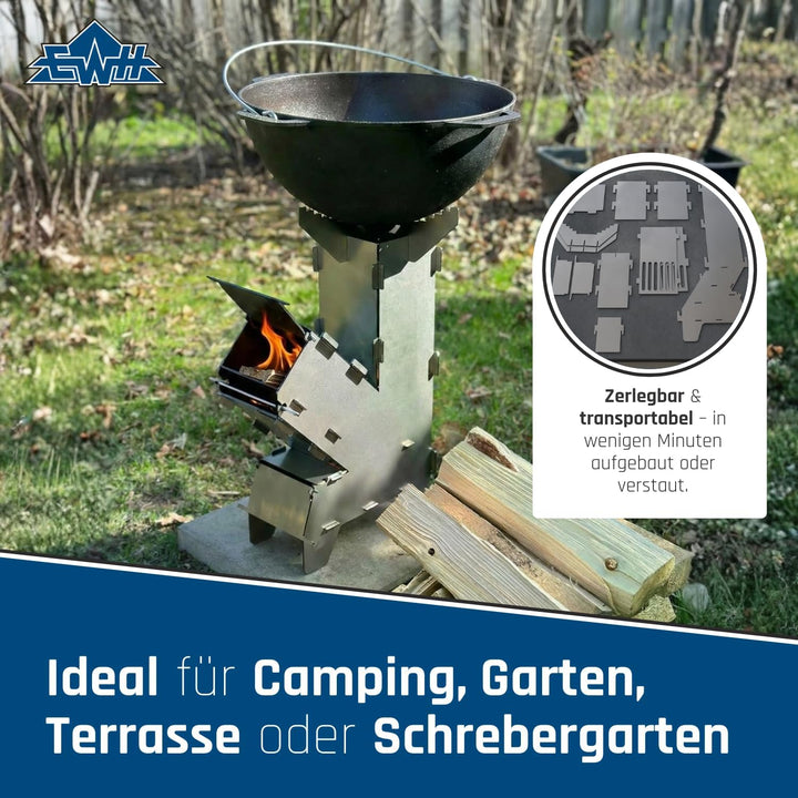 EWH Raketenofen aus 3 mm Stahl inkl. Grillplatte – Made in Germany - robuster Outdoor Holzofen zum K