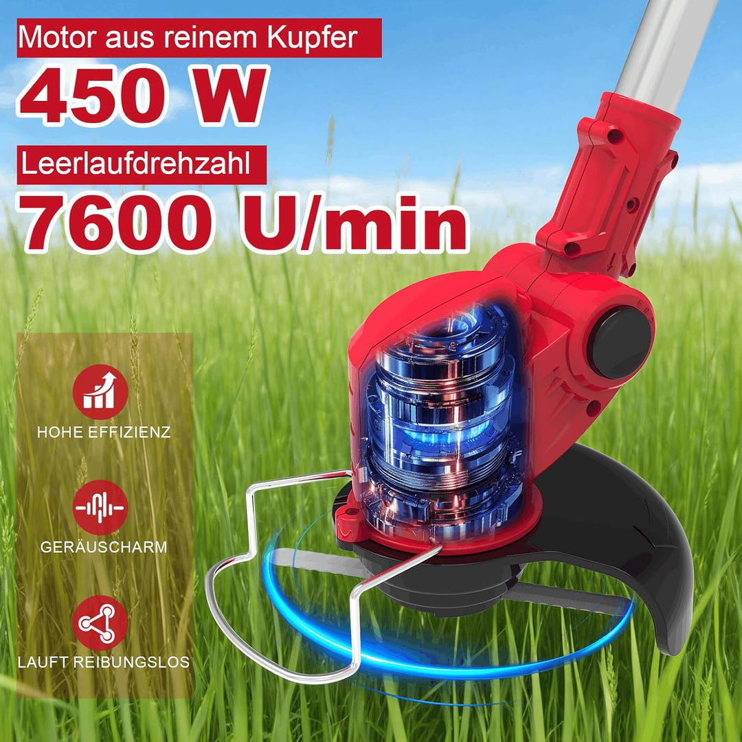 Akku Rasentrimmer mit Akku mit 3 Akkus und 3 Klingentypens