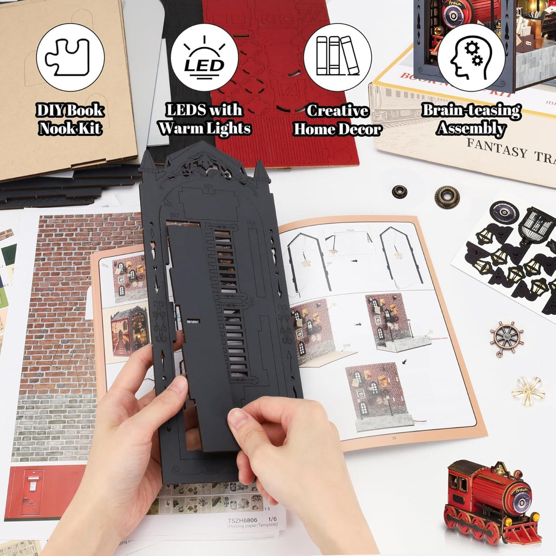 DIY Book Nook Kit, Magischer Bahnsteig Puppenhäuser Miniatur Haus Kit mit Staubschutzhülle LED-Licht