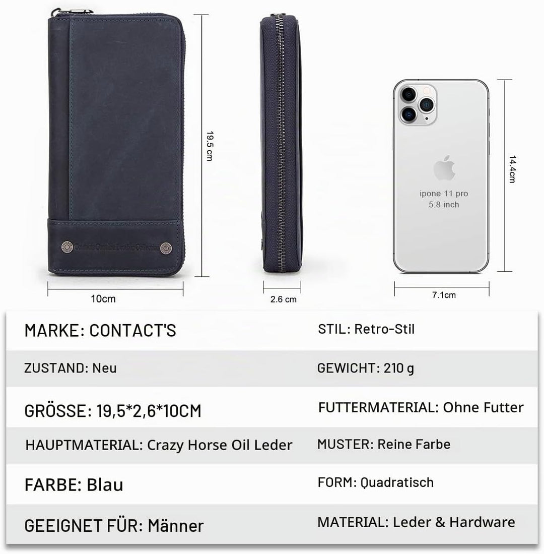 Contacts RFID Blocking Echtleder Herren Reissverschluss um Brieftasche Karte Telefonhalter Münzkuppl
