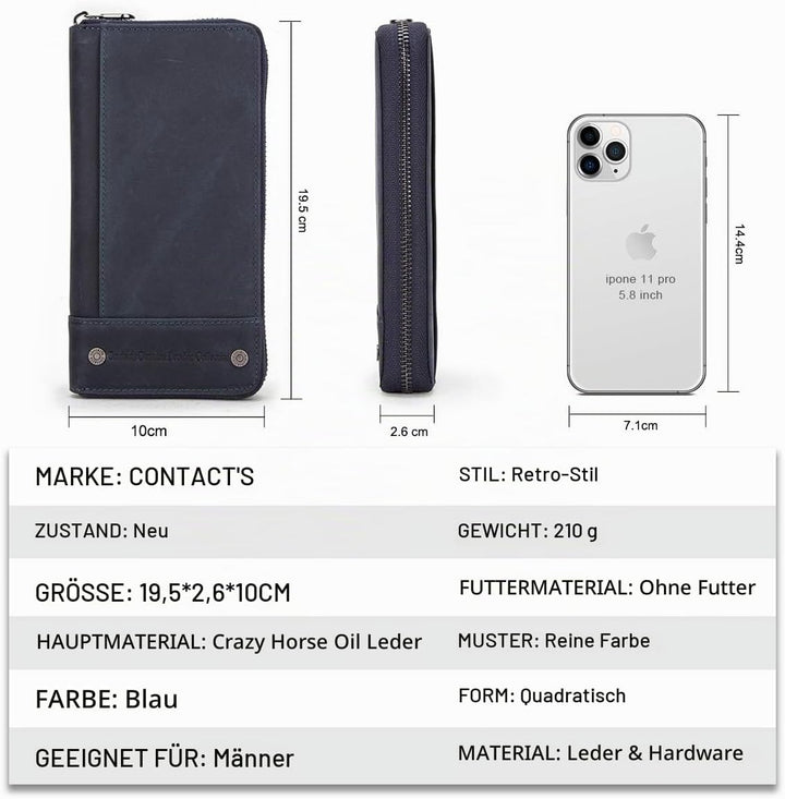 Contacts RFID Blocking Echtleder Herren Reissverschluss um Brieftasche Karte Telefonhalter Münzkuppl