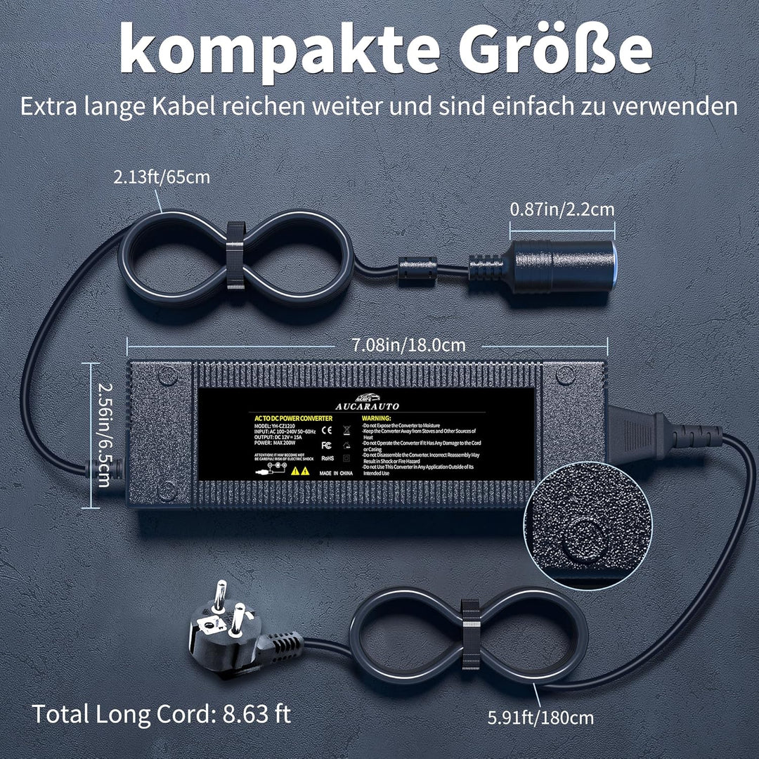 Spannungswandler 230V auf 12V, 180W/15A/2.65M KFZ Netzadapter mit Zigarettenzünder auf Steckdose, Ad