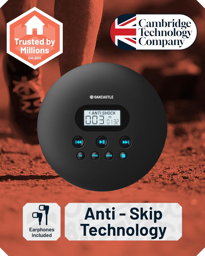 Oakcastle CD100 Tragbarer Retro-CD-Player mit Bluetooth, inklusive Kopfhörer mit Kabel, Kleiner CD P