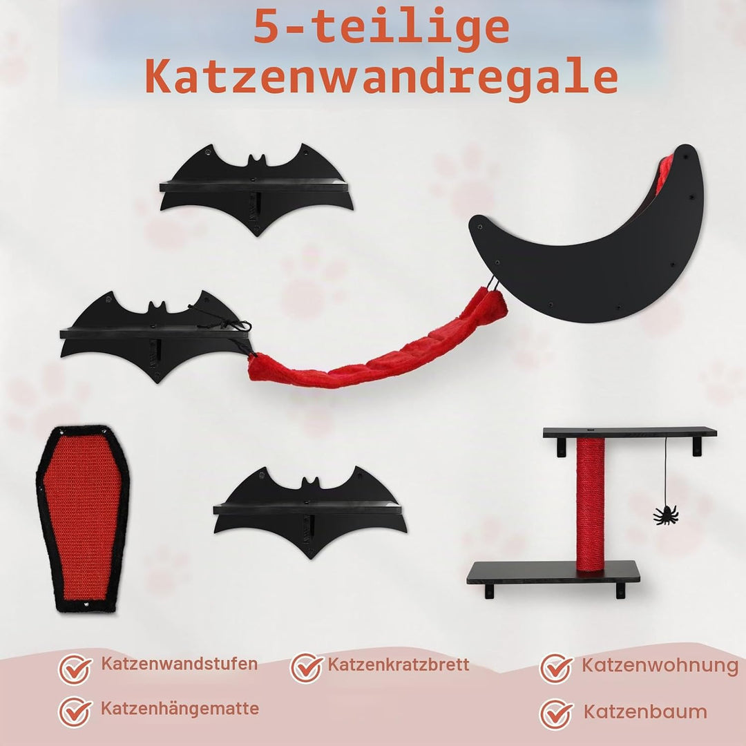 Gothic Katzen Wandregal Set, 7-teilig – Wandmontierter Kletterbaum für Katzen mit Brücke, Leiter, St