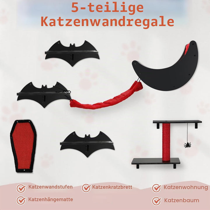 Gothic Katzen Wandregal Set, 7-teilig – Wandmontierter Kletterbaum für Katzen mit Brücke, Leiter, St