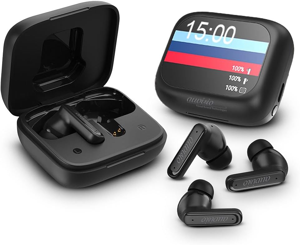 auvisio Kopfhörer mit Akku: 2er-Set Kabellose In-Ear-Kopfhörer mit Touchscreen-Ladecase & ANC (mit F