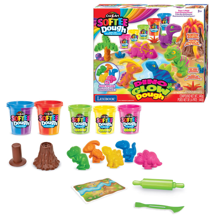 Lexibook, Dino Leuchtende Knetmasse, Blau Violett Rot Orange Grün Gelb Rosa, CRDOUGH11 Dino Glow Dou