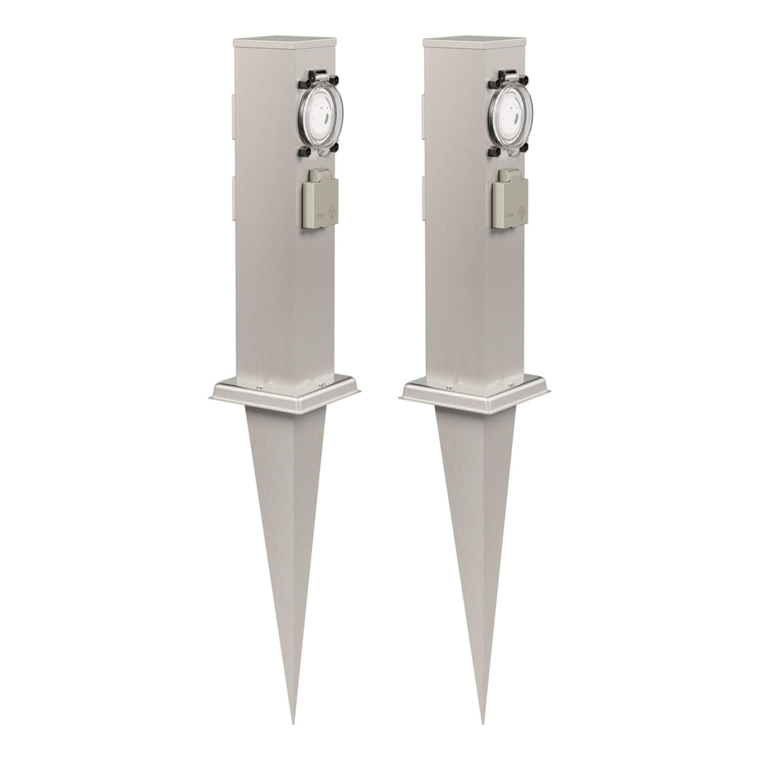 ledscom.de 2X Garten-Steckdosen-Säule Polly mit Erdspiess für aussen, 3-Fach mit Timer/Zeitschaltuhr