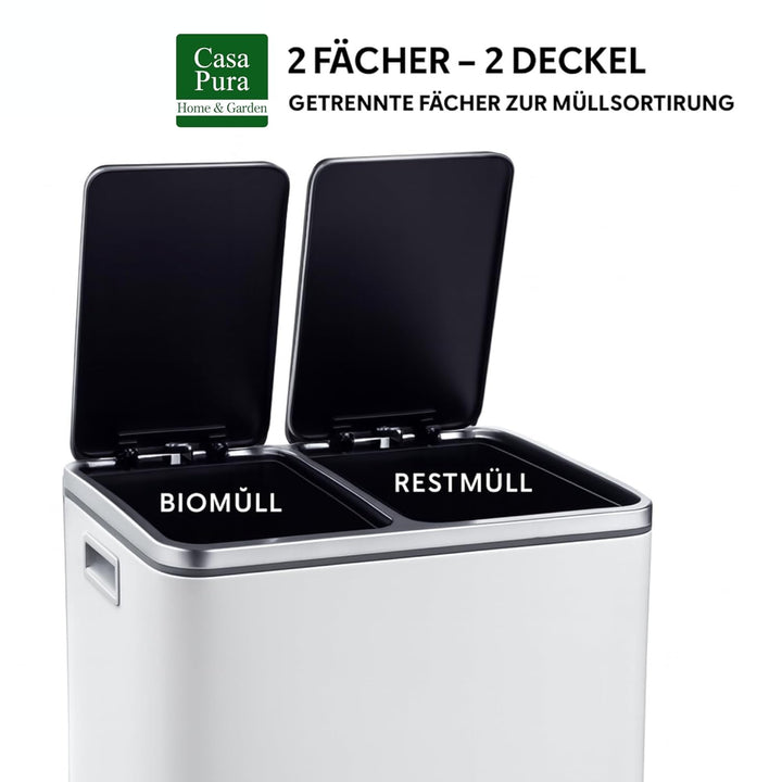 casa pura Floordirekt Mülleimer Küche 2×15L Weiss | 2-Fach Mülltrennsystem, Treteimer Küche, Metall,