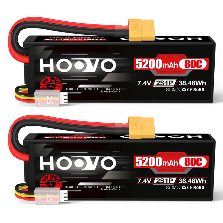 2S LiPo Akku 7,4V 5200mAh 80C RC Akkus Hartschalenkoffer mit XT60 Stecker Ersatzakku HOOVO für RC Ca