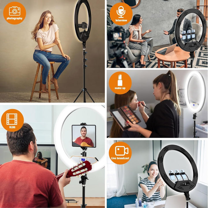 22-Zoll LED Ringlicht mit Stativ für iPhone/iPad, LCD-Display, 2600K-6500K Dimmbare, mit Bluetooth F