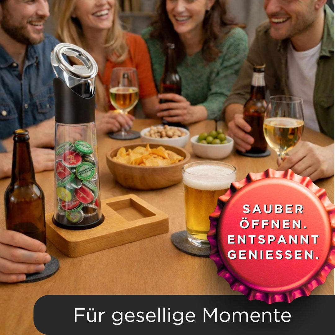 wortek Flaschenöffner mit Auffangbehälter + Filz Untersetzer Gläser Set mit Halterung Glas Untersetz
