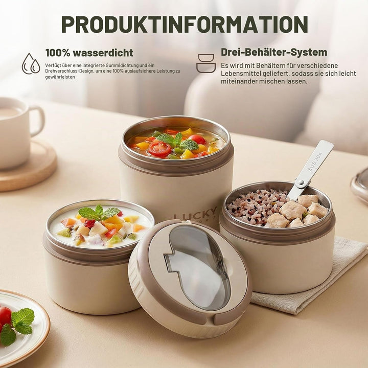 304 Edelstahl Lunchbox, 3-lagiger Food Container mit faltbarem Besteck, Auslaufsicher, Mikrowellen-