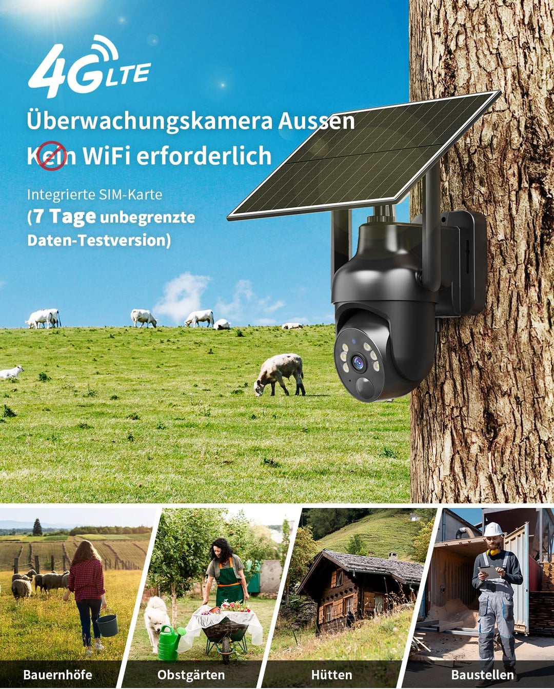 SEHMUA 4G LTE Überwachungskamera Aussen Solar, 2K HD PTZ Kabellos Kamera Ohne WLAN Outdoor Akku, 355