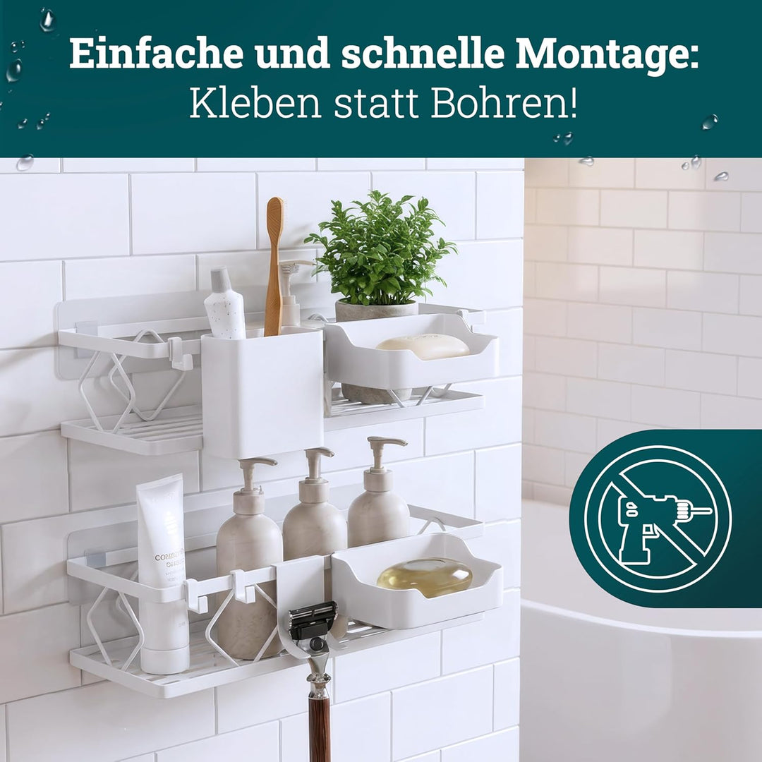husman® Duschablage-Set ohne Bohren | Weiss | 10-teilig mit Ablaufrillen | Kleben statt Bohren | Dus