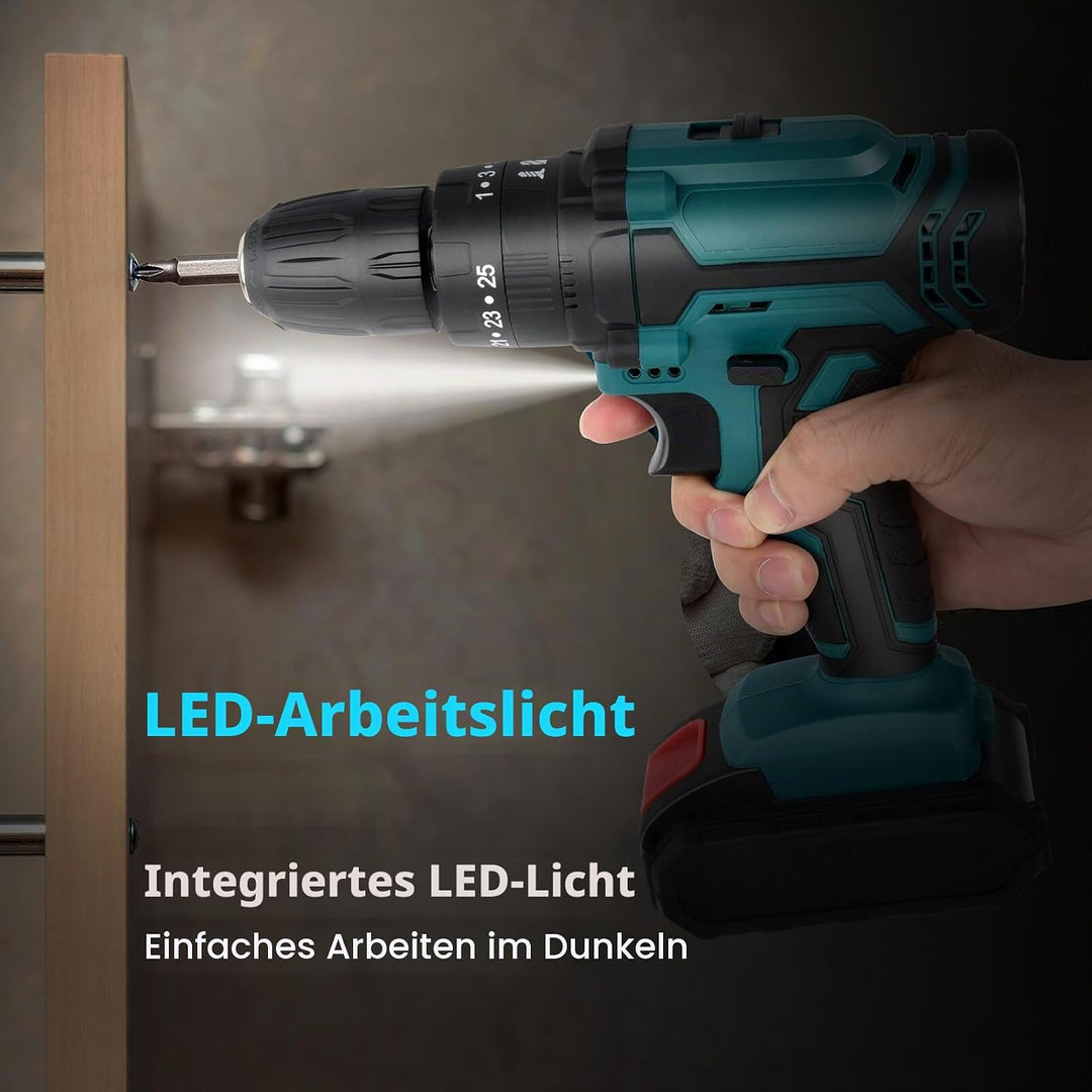 Akku Bohrschrauber Set 21V: Akkubohrer mit 2 Akkus 2000mAh,42Nm Max Drill Set 25+3 Paar, 24 Stück Bo