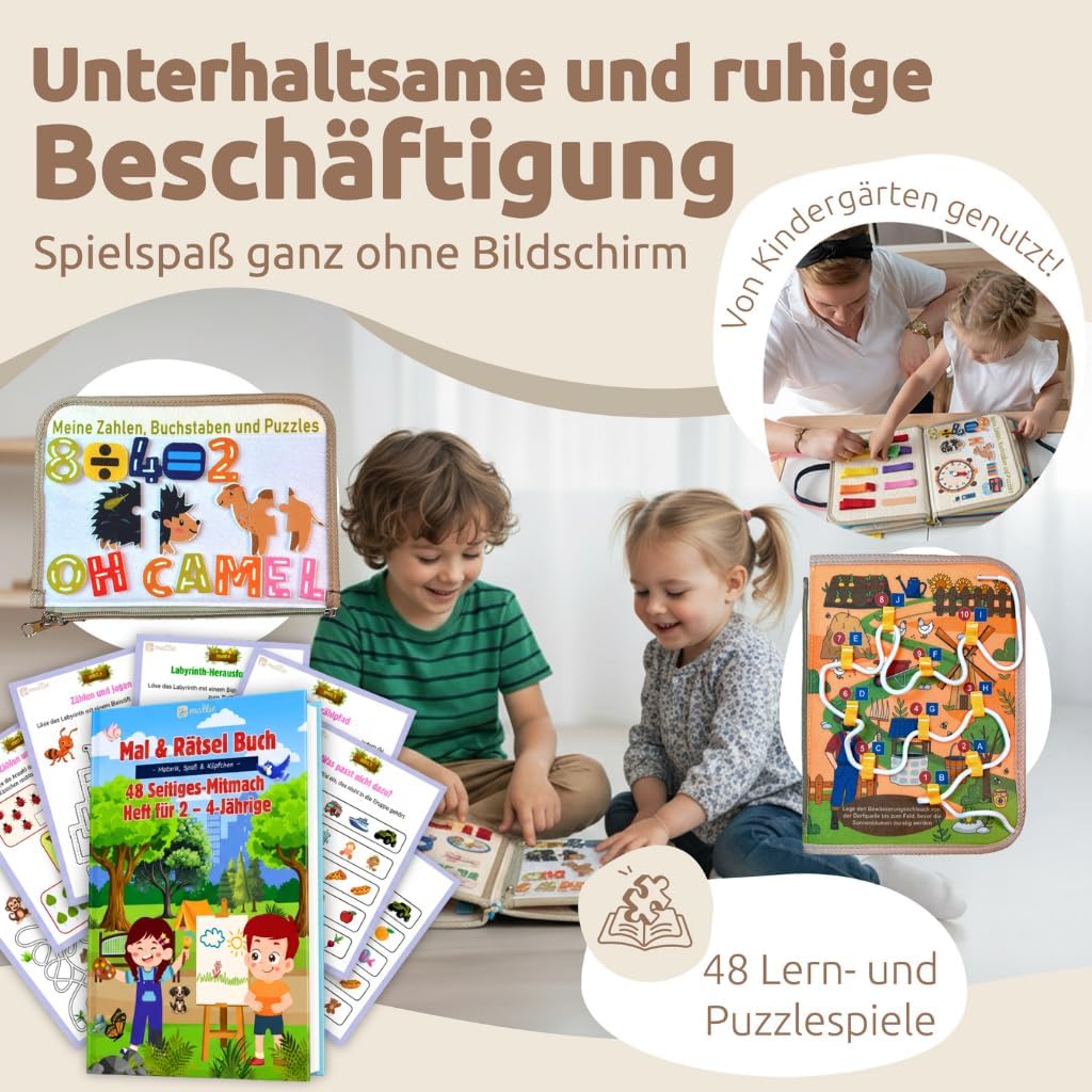 Mallie® Montessori Busy Board mit Rollenspiel-Set & Fingerpuppen [Version 2025] Lernbuch - Fördert F