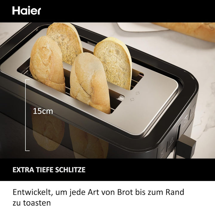 Haier Toaster aus Edelstahl, 2 Scheiben, 1150W I Extra tiefe Schlitze & Hebegriff zum Anheben gegen