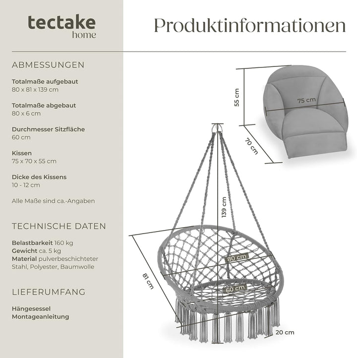 tectake® Hängesessel, Hängeschaukel mit dicken Kissen &amp; Quasten, Boho Hängekorb Ø 80 cm, Hängesessel
