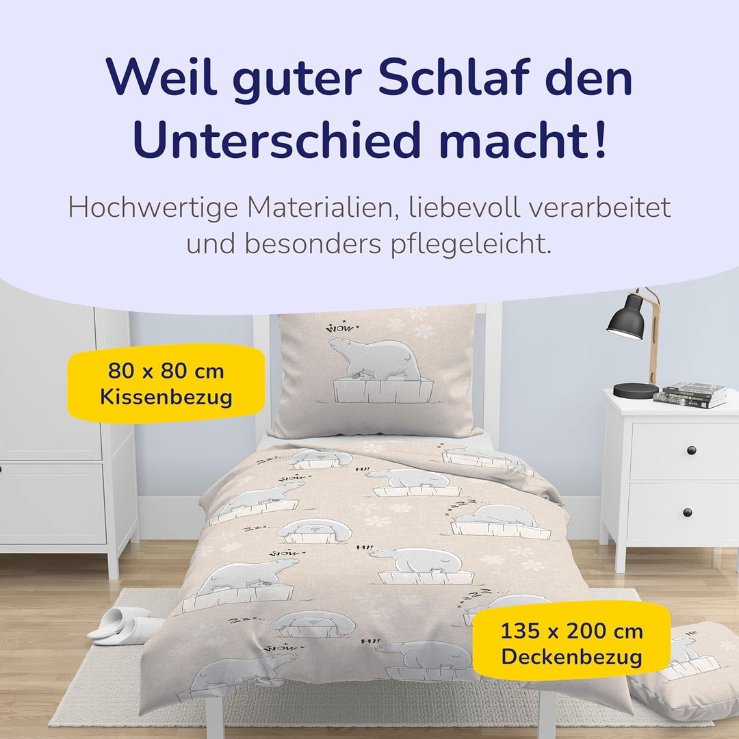 Träumschön Biber Bettwäsche 135x200 Baumwolle Kinder Tiermotiv - Coole Eisbär Bettwäsche Beige - 100