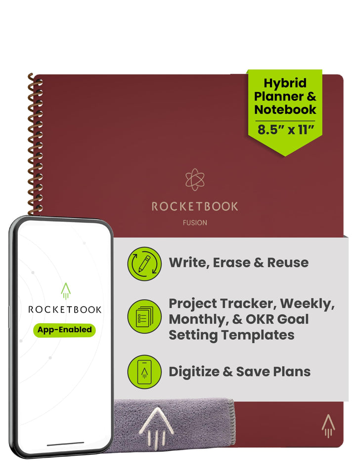 Rocketbook Fusion Reusable Digital Notebook - Smart Notepad A4 Scarlet Red, To Do List, Daily Bullet