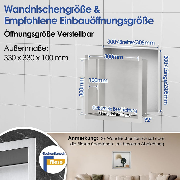 ROVOGO 30x30x10cm Wandnische Dusche Edelstahl 304, Eingebettete Duschnische Einzelregal Lagerung für